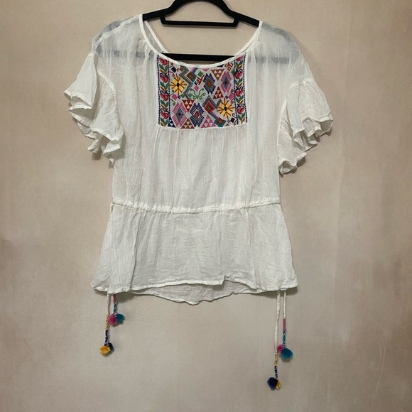 Lovestitch EUC lightweight cotton heavily embroidered bib pom waist tie top M - Picture 2 of 6